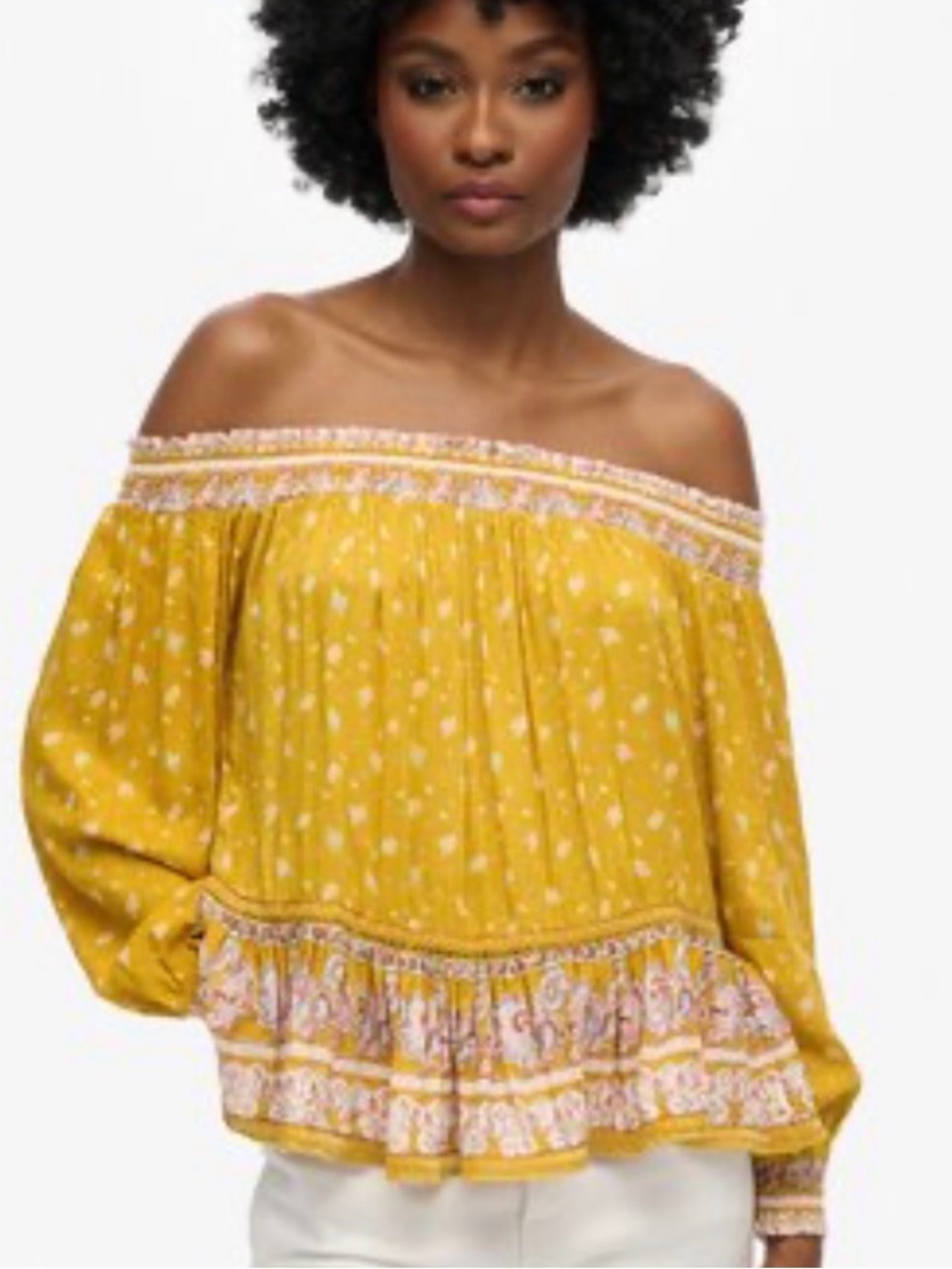 Ameera Off The Shoulder Top Mustard Yellow Peasant Blouse Ruffle Peplum Boho 8